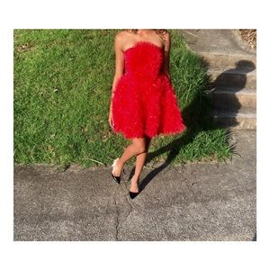 RED STRAPLESS RUFFLE DRESS